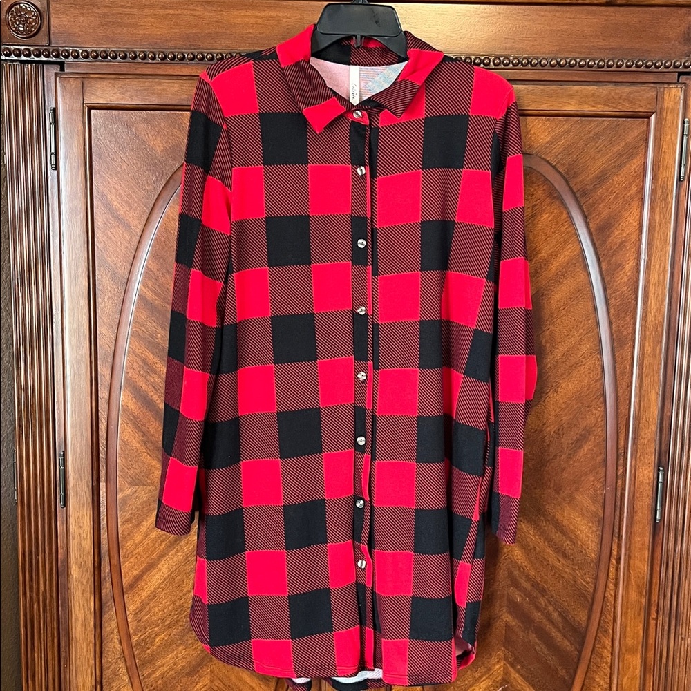 Red and Black Plaid Button-Up Shirt Dress